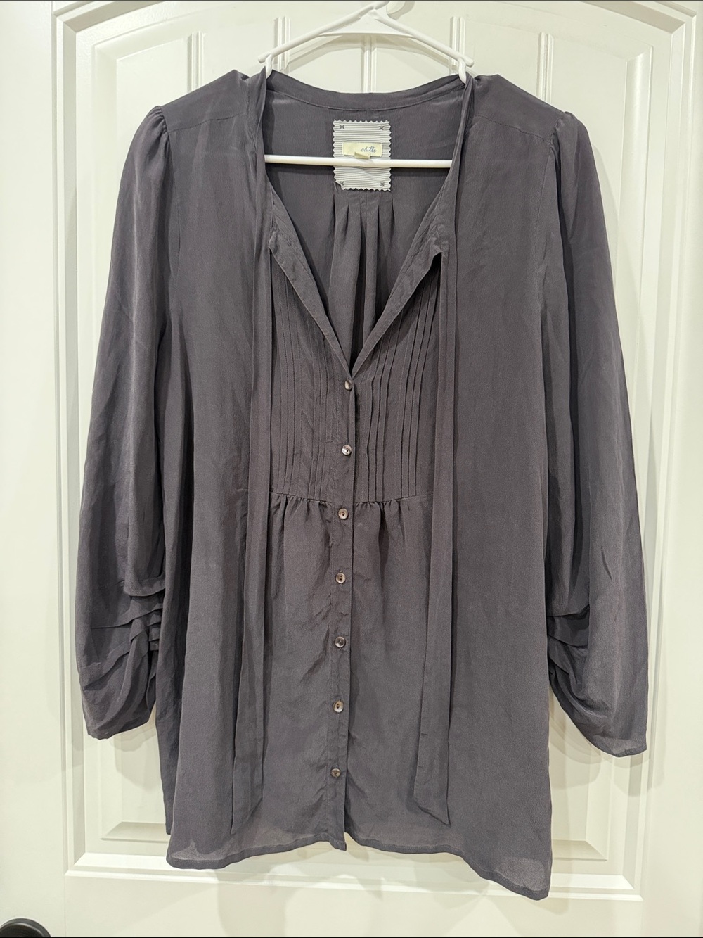 EUC Odille Slate Gray Button-Down Pintuck Silk Blouse Anthropologie